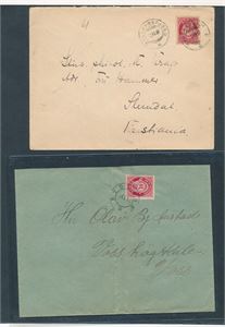 Brev med Nk 77II stemplet "BYGLANDSFJORD 2-VII-01" og annet brev med hullstempel "BYGLAND 21-1-15" med Nk 100