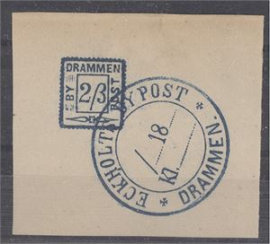 Drammen bypost II nr N 1 slått på kartongpapir og stemplet med toringsstempel ECKHOLTS BYPOST DRAMMEN, udattert i blått.   Attest NF: "Frimerke og stempel er ekte"