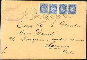 79. 80 øres porto til Karibien. 20 øre Posthorn i 4-stripe på konvolutt til Havana, Cuba, stemplet "Tvedestrand 25.2.03". Transittstempel "New York" og ankomststempel på baksiden. Venstre merke med kort hjørnetagg.