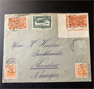 REICH Luftpostbrev til Norge stemplet "GÖRLITZ 11.10.21". Et merke mangler
