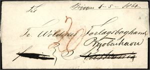 Komplett betalt brev, påskrevet "Bryggen 5-5-1860" (Bergen) og sent til Christiania. Der er brevet omadressert til Kjøbenhavn og satt i porto med 20 Rbs. Baksiden stemplet "Chriatiania 15.5.1860" og "Kiøbenhavn 17.5". Omslaget litt slitt i kanten.