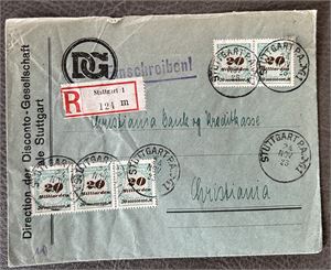 REICH-INFLASJONSBREV Rekbrev til Christiania stemplet "STUTTGART 24 NOV 23". Pen forside, bakside defekt, se foto
