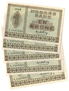 1 krone 1948 L. 5 stk. i serie. Kv.0