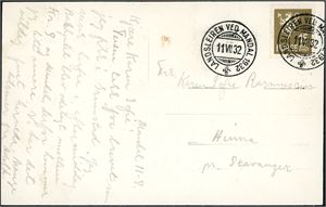 143. 15 øre Løve II på postkort, stemplet "Landsleiren ved Mandal 1932 11.7.32".