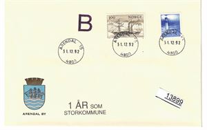 ARENDAL BY 1 ÅR SOM STORKOMMUNE Spesialkonvolutt stemplet "ARENDAL 15 31.12.92"