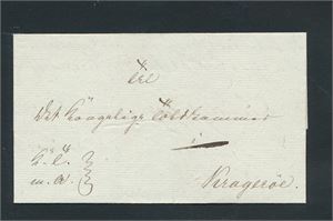 "K. T. m. a. " Kongelig tjenestebrev (offentlig brev) datert Grimstad 1845 til Kragerøe og kartert "2", dvs. postgått. Pent