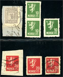 7 stk forfalskninger. En 3 skill 1863, 3 stk 10 øre- og 20 øre Løve II.