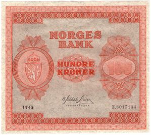 100 kroner 1945 Z.8015134 erstatningsseddel. Kv.01