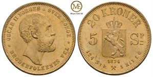 20 kroner/5 Spc. 1874 Oscar II. Kv.0/01