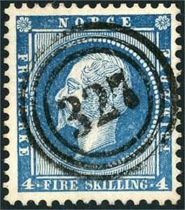 4. 4 skilling Oscar, anert med nummerstempel "327" (Vaagen, NO).