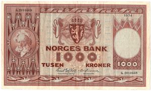 1000 kroner 1974 G.2010668 erstatningsseddel. Kv.1/1+