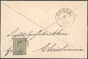 11. 1 skill 1 på komplett en liten og pen komplett trykksak, stemplet Arendal 6.2.1871" og sendt til Christiania.