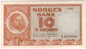 10 kroner 1957 Z.0259006 erstatningsseddel. Kv.1+