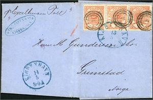 13. Denmark. 12 skillings postage to Norway. 4 s Krone-scepter in a strip of three on cover to Grimstad, cancelled "1" and oval "Kiøbenhavn 15.5". Handwritten "pr Excellencen Toll" in upper left corner and "Kiøbenhavn 14.5" at side.