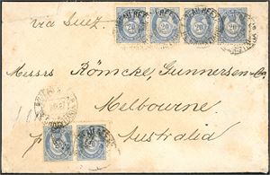 54 I. 120 øres porto til Australia. 20 øre 20 mm i horisontal 4-stripe og par på dobbeltvektig konvolutt til Melbourne, stemplet "Bureau Reexp. De Christiania 33.9.87" og ved siden påskrevet "via Suez". Baksiden med stempler fra "Bologna", "Brindisi" og "Melbourne Oc 13 87".