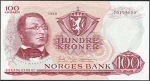 100 kroner 1968, serie J 5194635. 0/01