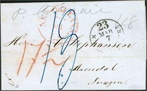Ufrankert brevomslag, datert "New Orleans 24. febr. 1855", stemplet "New Orleans" og "New York" på forsiden og sendt til Arendal. Baksiden med stempel fra "Aachen og to fra Hamburg.