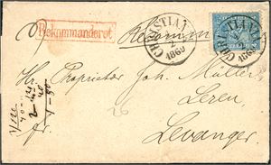 14. 4 skill 4 på konvolutt, stemplet "Christiania 4.2.1869" og ved siden rødt stempel "Rekommanderet".