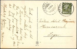245. 15 øre Løve II på postkort, annullert med hjelpestempel "Sørskogbygda 21.12.44" (HE).