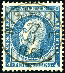 4. 4 skilling Oscar, rettvendt stemplet "Nissedal 27.11.1863" (TE, 7 pkt).