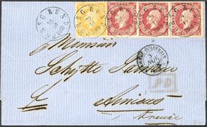 2,5. 26 skillings porto til Frankrike. 2 skilling Oscar og tre 8 skilling Oscar på brevomslag til Amiens, pent stemplet "Porsgrund 29.10.1860". Fransk transittstempel på forsiden, "Sandøsund" og ankomststempel på baksiden. Merkene med noen slitte tagger i øvre kant pga perifer plassering. Attest Enger.
