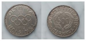 FINLAND 500 Markkaa 1952, utgiven till de olympiska spelen i Helsingfors Präglad i silver (0.500), 25 gr.