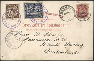 77,Spitsbergen nr 1,Spitsbergen E 6. 10 øre posthorn på postkort, stemplet "Digermulen 19.7.04". Ved siden 10 øre Spitsbergenmerke samt 20 øre blå etikett stemplet "Spitzbergen 15. Juli 1904" i lilla. Kortet er ankomststemplet i "Hamburg".