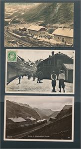 JERNBANESTASJON-MYRDAL 3 kort, et i farger brukt 1912, et brukt 1932 og et ubrukt