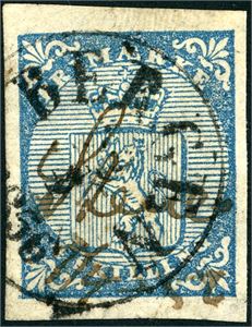 1. 4 skilling Våpen 1855, annullert med håndskrevet "Steine" samt fullstemplet "Bergen" i 1856. To gode- og to normale marger. Pos. A 39.