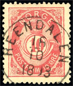 53 VII. 10 øre 20 mm, rettvendt stemplet "Reendalen 16.10.1893".