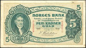 5 kroner 1919, serie G.1555208. Pen, men med bretter. 2