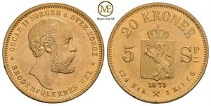 20 kroner/5 Spc. 1875 Oscar II. Kv.0/01
