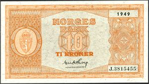 10 kroner 1949, serie J.3815455. 0/01