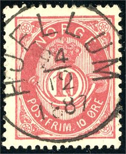 53 II b. 10 øre 20 mm på papir fra Moestue, stemplet "Hjellum 24.12.1887".