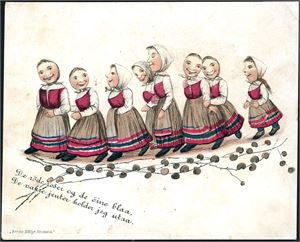 8 bunadskledde damer. Overrekkelseskort fra "Borchs Eftflgr Kristiania". Datert i 1890. K-3