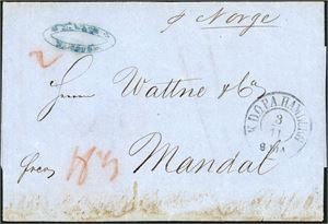 Komplett, ufrankert brev (datert i Hamburg) stemplet "K.D.O.P.Hamburg 3.11" (1854) og sendt til Mandal. Påskrevet "pr Norge" i øvre kant. Noe flekker i nedre kant.