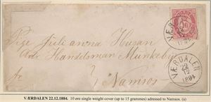 NK 43 på pent brev st "Værdalen 22-12-1884" til Namsos