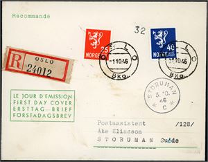 354,356. 25- og 40 øre Løve på rekommandert konvolutt, stemplet "Oslo Bko. 1.10.46" og sendt til Sverige. (2,700,-).