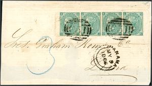 229. DWI. 4/- postage to Peru. The 1/- green (pl 4) in a horizontal strip of 4 on coverfront with a big part of the reverse, cancelled "C 51" and sent to Lima. Transitt cds "Panama My 9 1866" at side. Two different "St. Thomas" cds together with "Lima 17 May 66" at reverse.