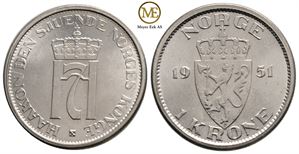 1 krone 1951 Haakon VII. Prakt eksemplar.