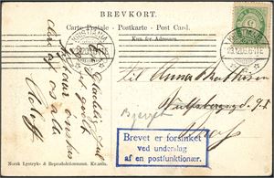 76. 5 øre Posthorn på postkort, stemplet "Kristiania 23.12.06" og sendt til Moss. Et rektangulært stempel "Brevet er forsinket ved underslag af en postfunktionær.".