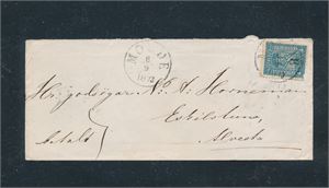 Brev med Nk 14 stemplet "MOLDE 8-9-1873" til Eskilstuna, Sverige. Feil på merket