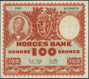 100 kr 1961, serie H.9296974. 01/1+