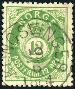 26. 12 øre skravert Posthorn, fullstemplet "Kongsvinger 19.6.1884".