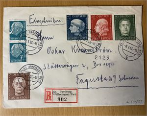 BRD Rekbrev med Mi 200-03, 1954 Helfer der Menschheit til Sverige (Merkeverdi € 55)
