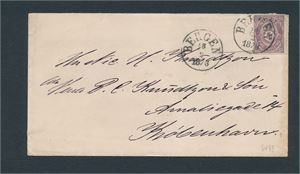 Nk 19 Ia på brev stemplet "BERGEN 18-2-1876" til København. Merket i mørk fiolett nyanse har taggemangler oppe pga perifer plassering på brevet