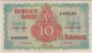 10 kroner 1944 X.408189 London utg. Kv.0