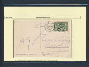 Postkort Romsdalshorn med trykksaksporto med Nk 114 stemplet "MOLDE 22 VI 14" til Oberfrohna, Tyskland. Foto begge sider