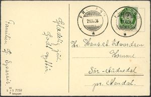 119. 7 øre Posthorn på postkort, annullert med Hjelpestempel "Froland 21.12.36". Merket med feil.