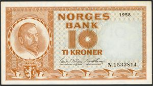 10 kroner 1958, serie N.1533814. God 01